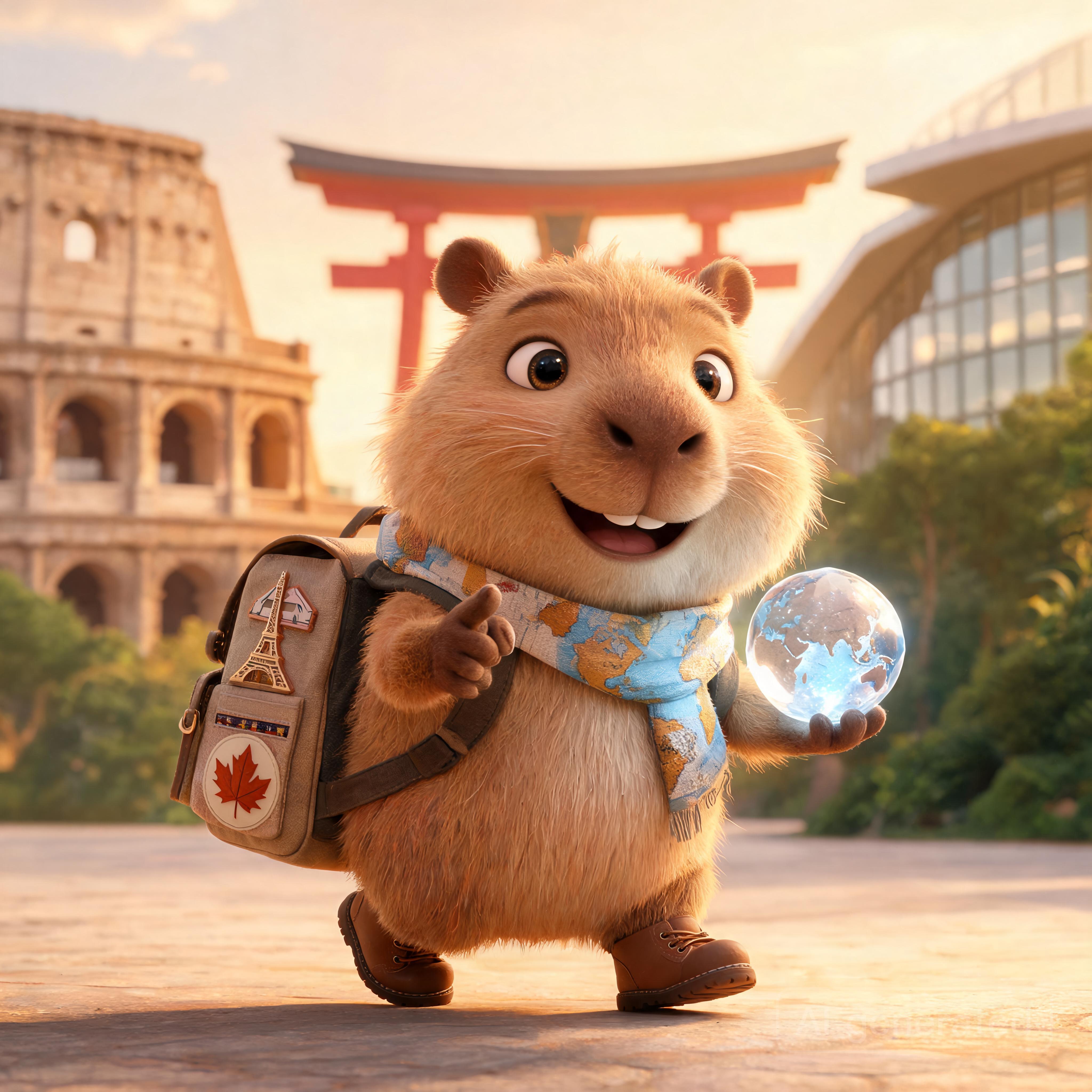 Tiko the G20X travel mascot exploring a destination